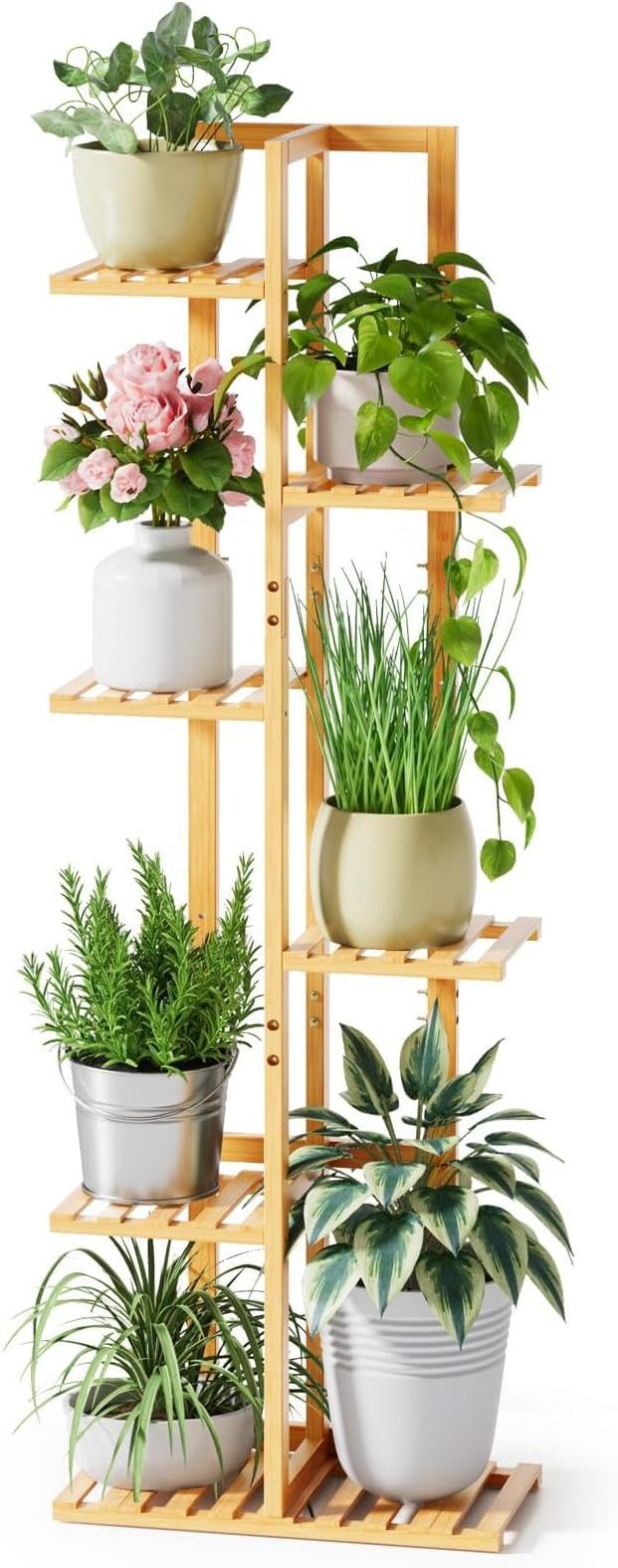 Natural Multiple Bamboo 6 Tier tall plants stands corner plant shelf  for indoor