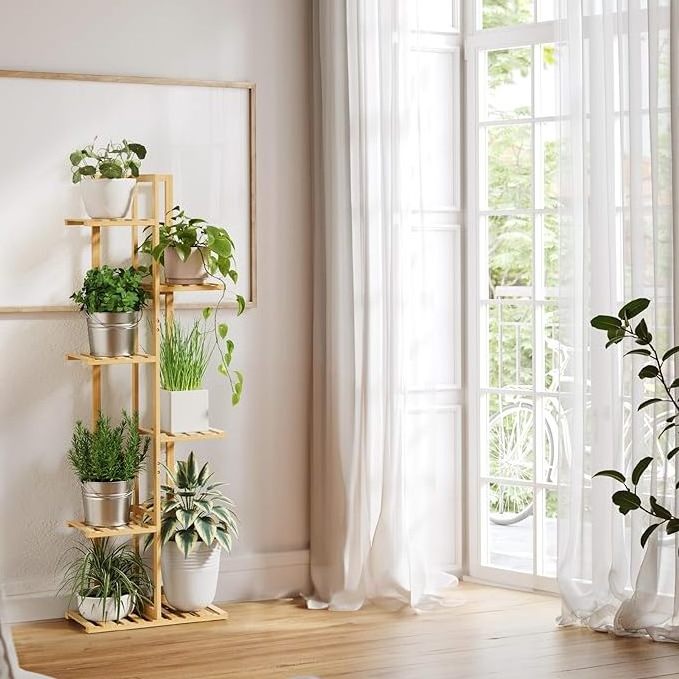 Natural Multiple Bamboo 6 Tier tall plants stands corner plant shelf  for indoor