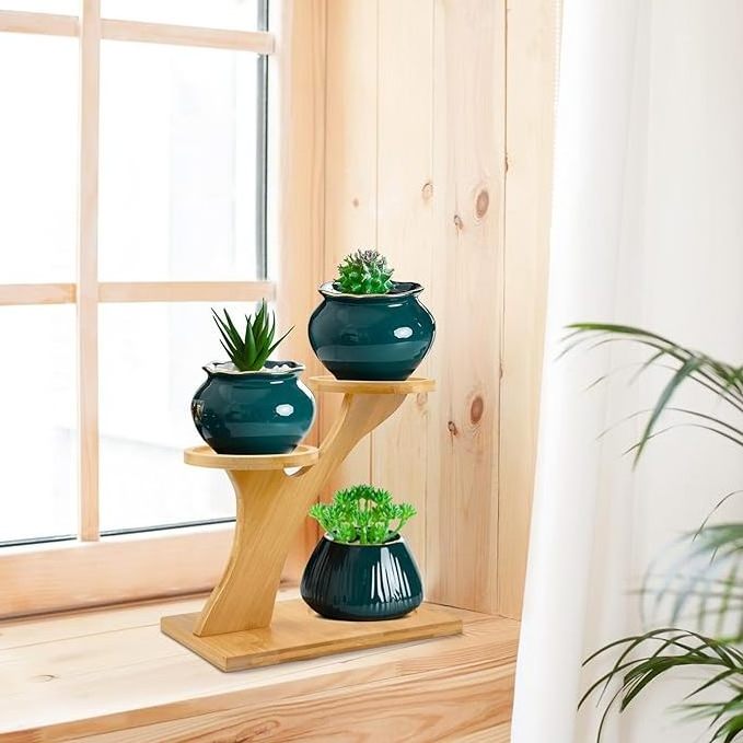 Small Tabletop Plant Stand Bamboo Material Indoor Window shelf for Home Office Living Room Bedroom