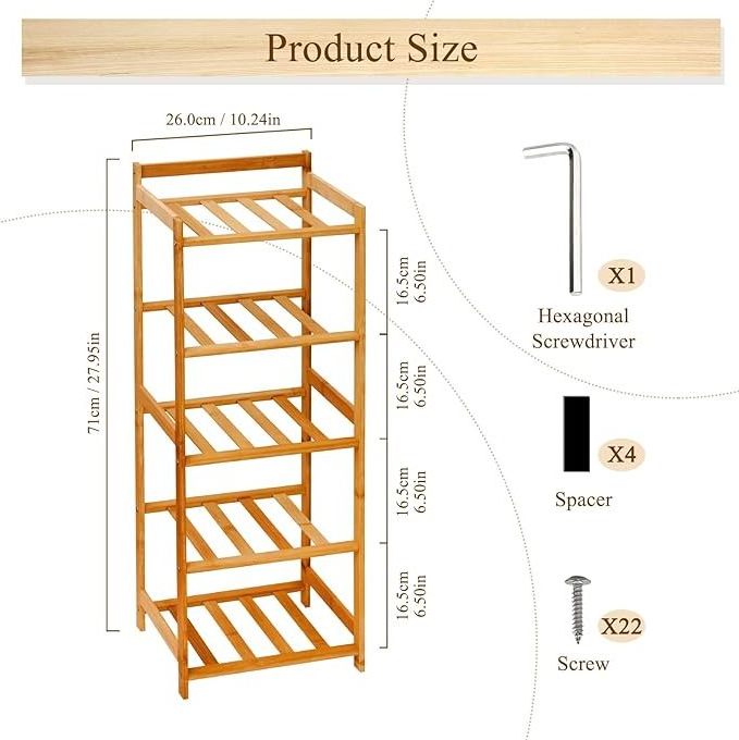 Vertical Narrow Bamboo Shoe Rack 5 Tier Shelf Shoe Rack Storage Organizer for Entryway Small Spaces