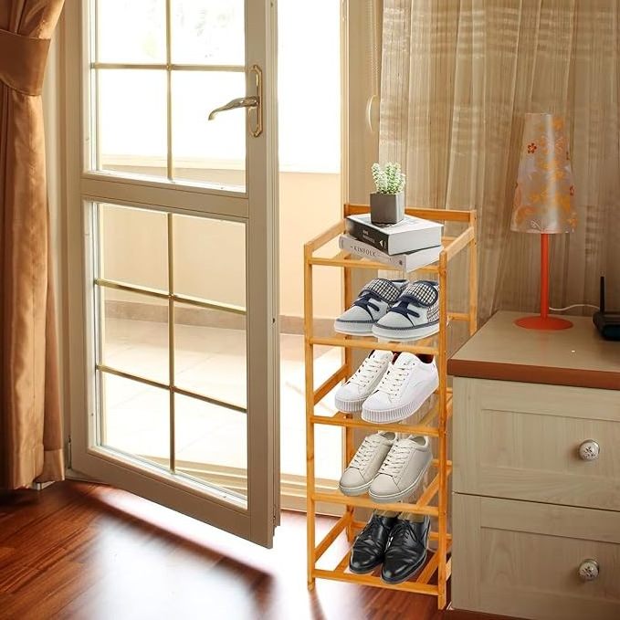 Vertical Narrow Bamboo Shoe Rack 5 Tier Shelf Shoe Rack Storage Organizer for Entryway Small Spaces