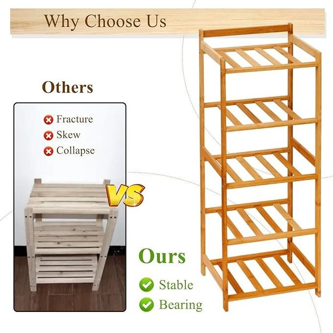 Vertical Narrow Bamboo Shoe Rack 5 Tier Shelf Shoe Rack Storage Organizer for Entryway Small Spaces