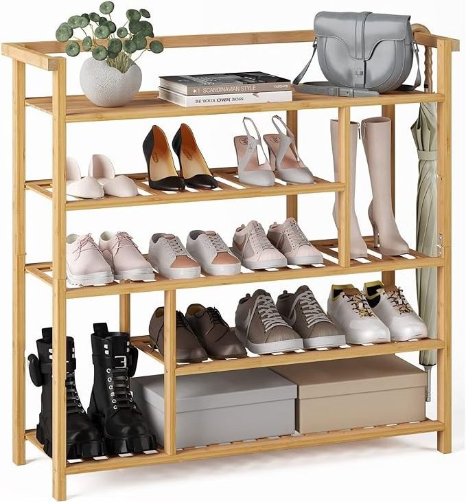 5 Tier Bamboo Shoe Shelf Shoe Organizers with Spacious Top Large Shoes Rack for Closet Entryway Bedroom