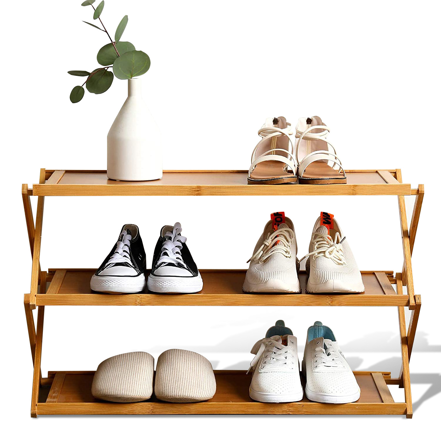 Factory Wholesale Foldable 3 Tier Bamboo Wood Shoe and Boot Rack for Living Room Balcony Closets Bathroom Store Sale