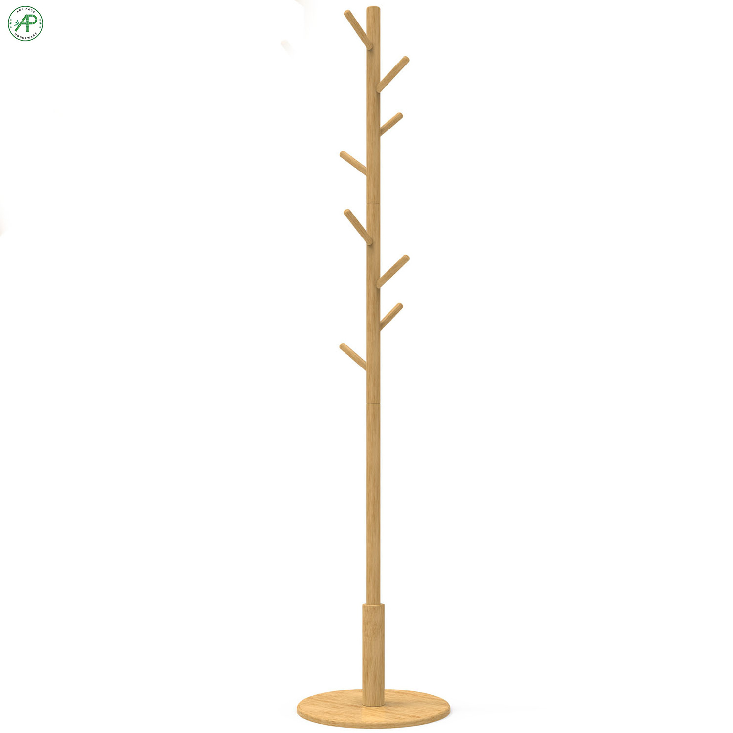 Floor Standing Bamboo Coat Rack Tree with Solid Round Base and 8 Hooks for Home or Office Hall and Entryway