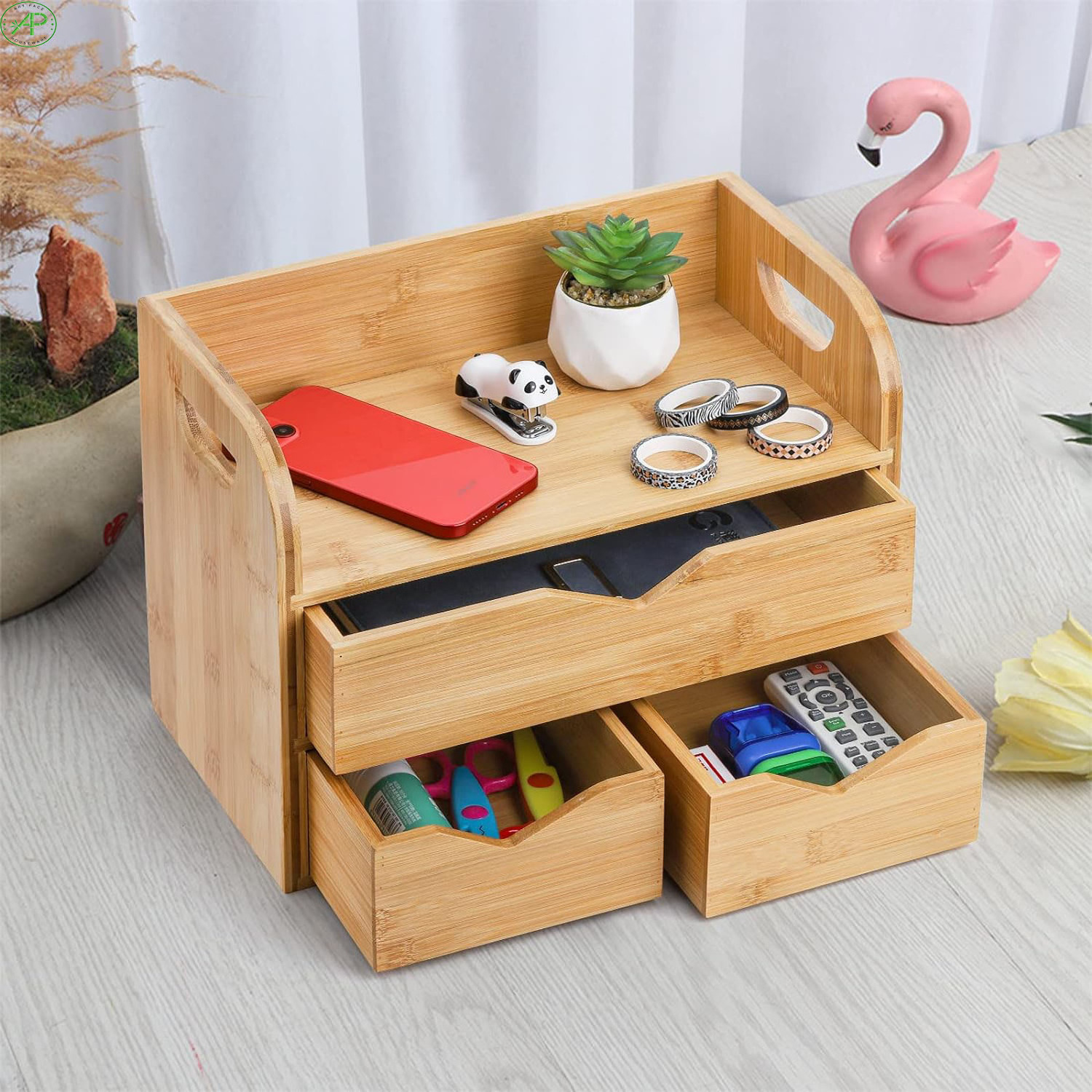 High-quality Simple 3 Tier Bamboo Desktop Organizer with 3 Drawers Mini Tabletop Craft Box Cosmetic Storage Drawer with Handle