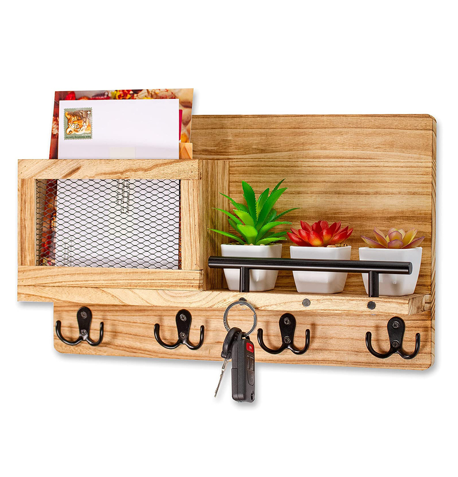 Wall Mount in Entryway, Mudroom or Office. Solid Wood Mail Organizer Floating Shelf Key Rack