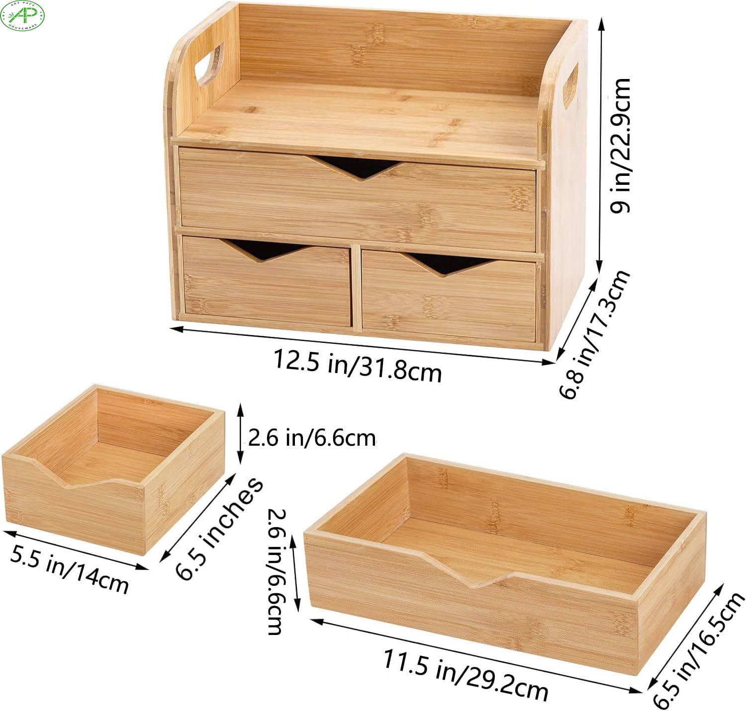 High-quality Simple 3 Tier Bamboo Desktop Organizer with 3 Drawers Mini Tabletop Craft Box Cosmetic Storage Drawer with Handle