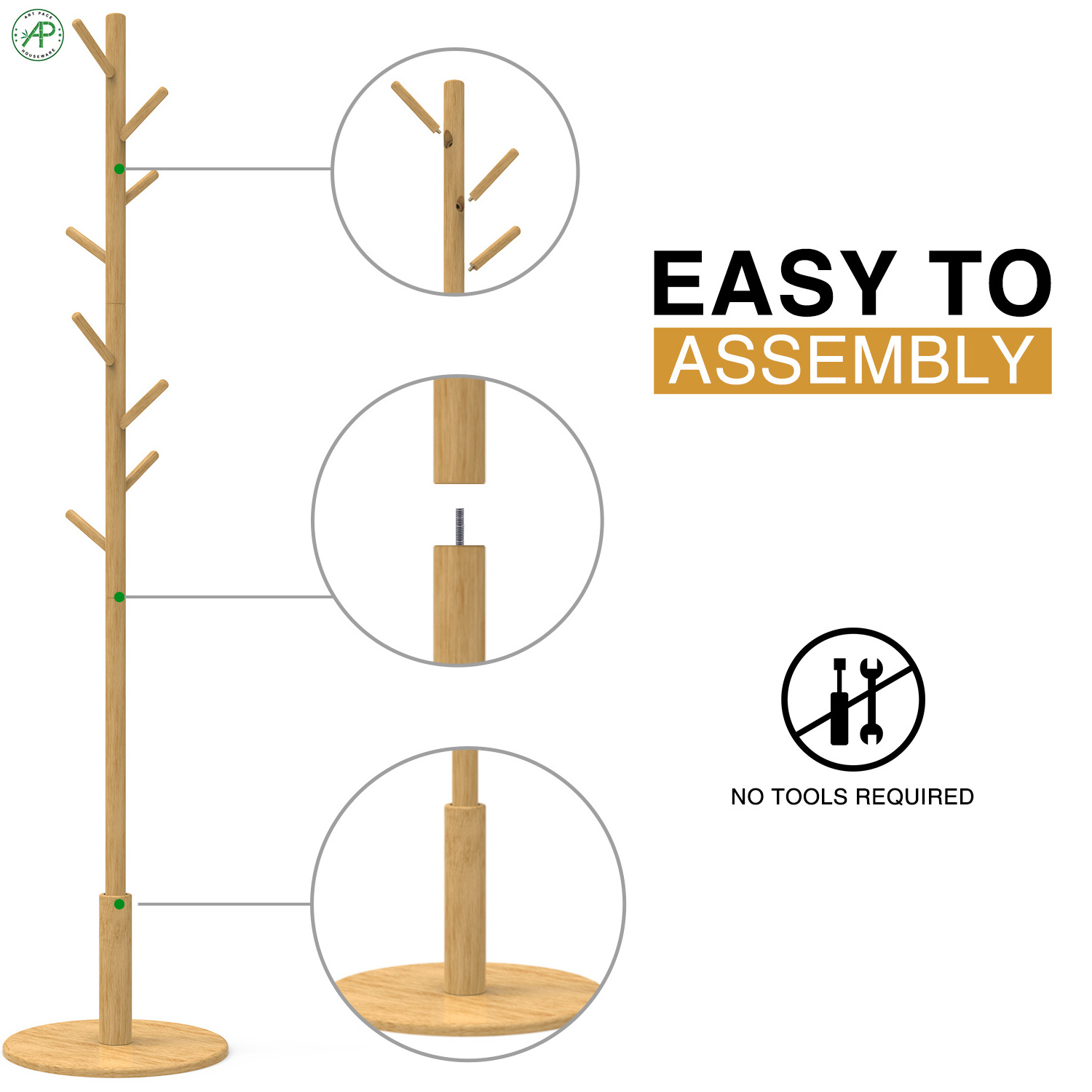 Floor Standing Bamboo Coat Rack Tree with Solid Round Base and 8 Hooks for Home or Office Hall and Entryway