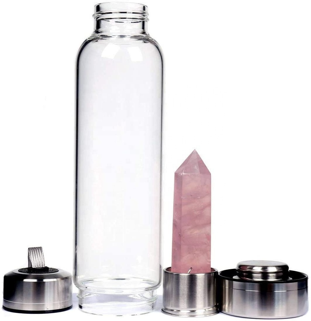 Crystal Glass Water Bottles 18/8 Stainless Steel Natural Empty Cup Infused Gemstone Bottle Energy Healing