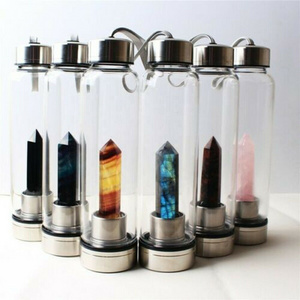 Crystal Glass Water Bottles 18/8 Stainless Steel Natural Empty Cup Infused Gemstone Bottle Energy Healing