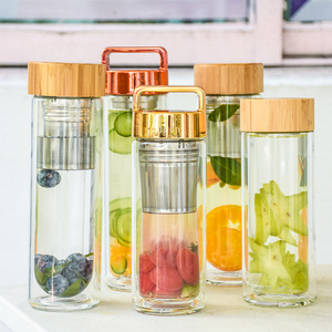 500ml Custom Logo High Quality Car Travel Water Bottles Tea glass Tumbler Bamboo Lid Double Wall Glass Water Cup Fruit Infuser