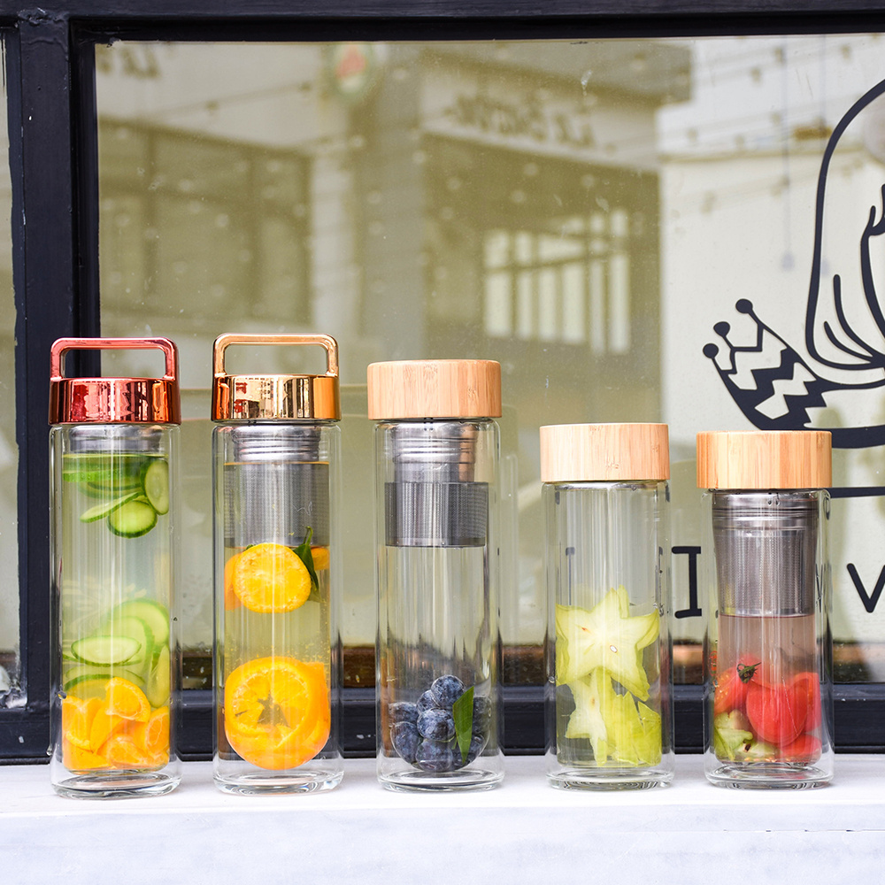 500ml Custom Logo High Quality Car Travel Water Bottles Tea glass Tumbler Bamboo Lid Double Wall Glass Water Cup Fruit Infuser