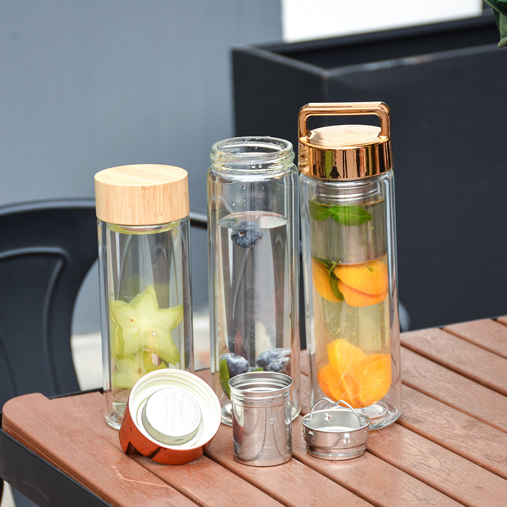 500ml Custom Logo High Quality Car Travel Water Bottles Tea glass Tumbler Bamboo Lid Double Wall Glass Water Cup Fruit Infuser