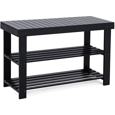 Bamboo Wooden Wood Black Shoe Rack Bench 3-Tier, Shoe Organizer, Storage Shelf