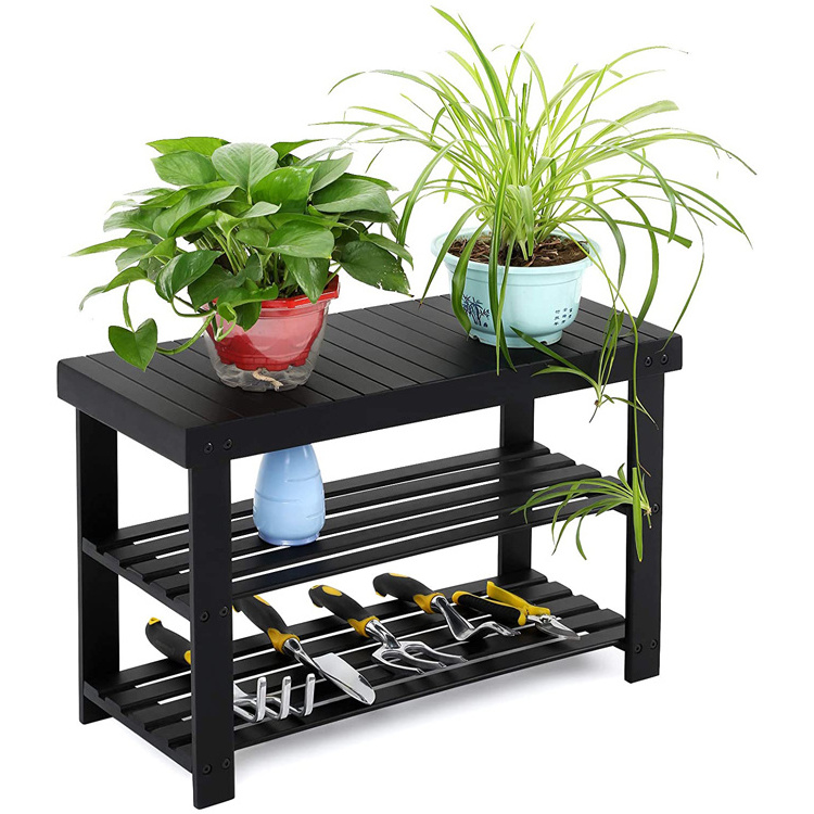 Bamboo Wooden Wood Black Shoe Rack Bench 3-Tier, Shoe Organizer, Storage Shelf