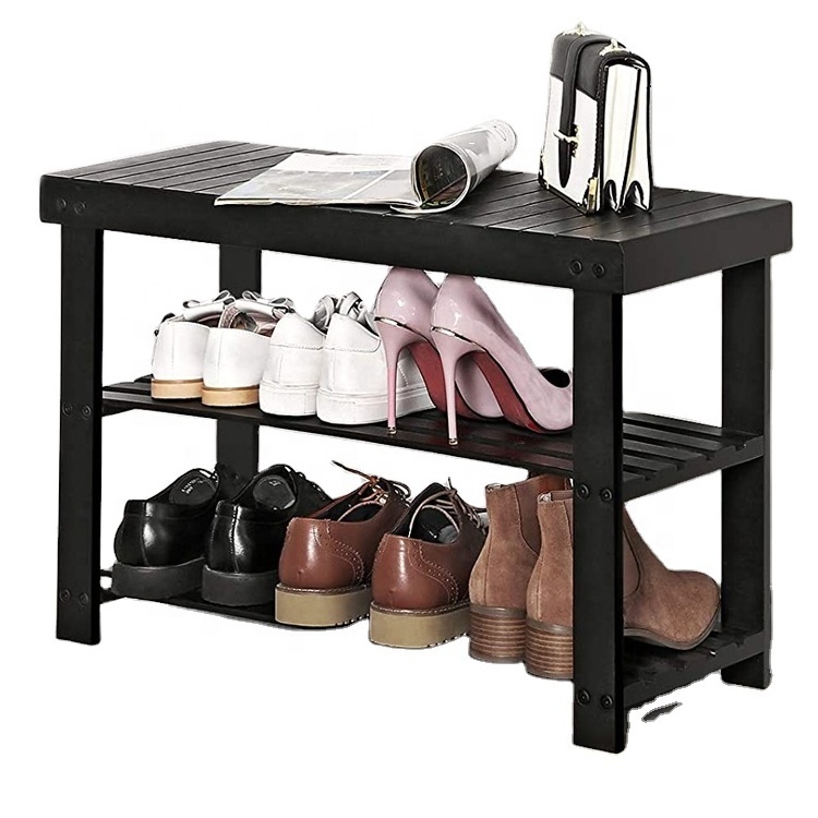 Wood Black Shoe Rack Bench 3-Tier for sale, Wooden Shoe Organizer, Bamboo shoe racks shelf