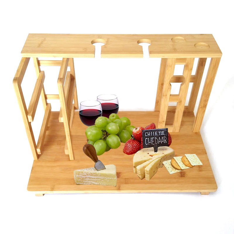 Bamboo wooden Wine Rack and Cheese Display Board with Wine Caddy,  Wine Bottle and Glass Holder