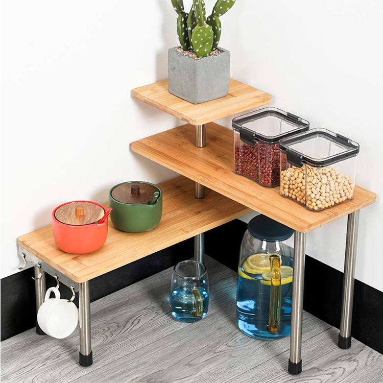 3 Tier Corner Shelf Bamboo & Metal Storage Kitchen Spice Rack-Desk Bookshelf Display Shelves Space Saving Organizer