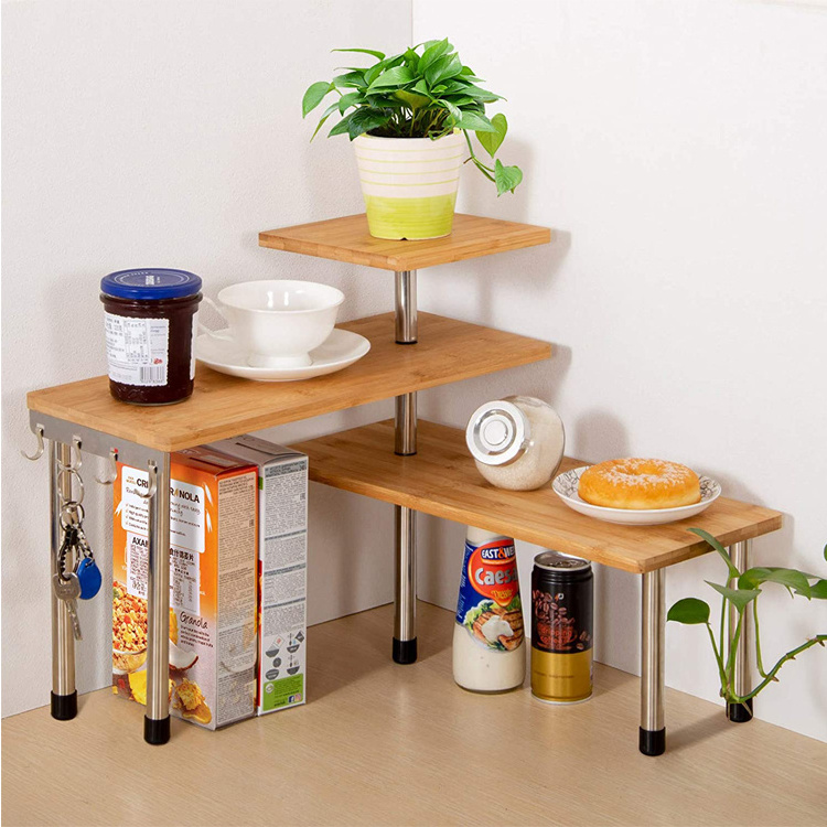 3 Tier Corner Shelf Bamboo & Metal Storage Kitchen Spice Rack-Desk Bookshelf Display Shelves Space Saving Organizer