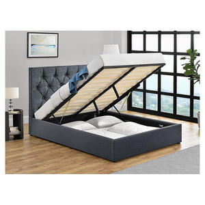 Cheap Modern Style Fabric Upholstered Gas Lift Storage Bed Frame With Headboard LED Light