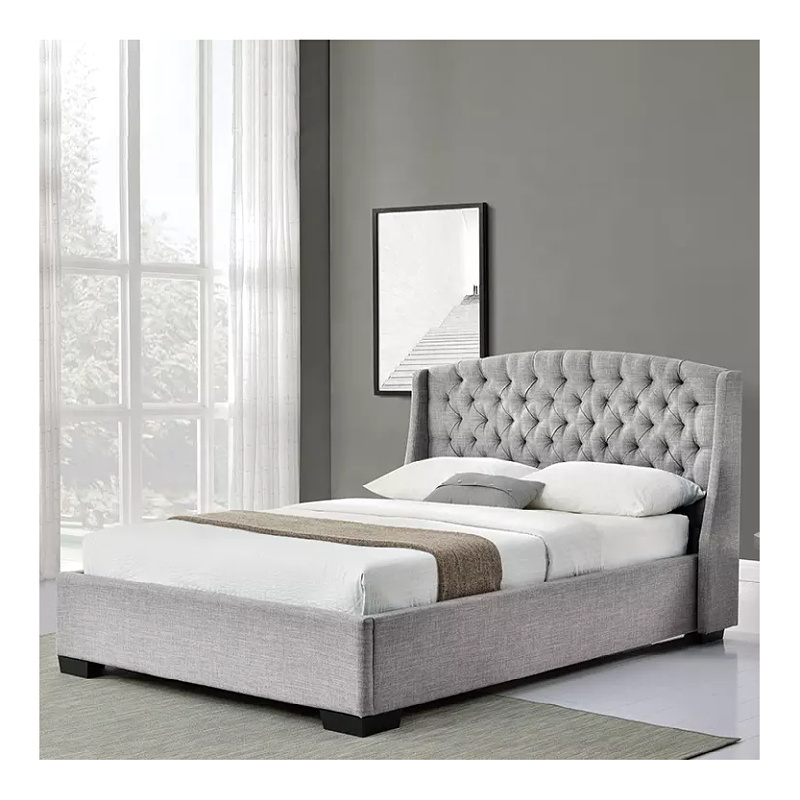 Fabric Bed With Fantastic Headboard Design Furniture Set Luxury Wooden Style Full King Size Single Double Upholstered Bed Frame