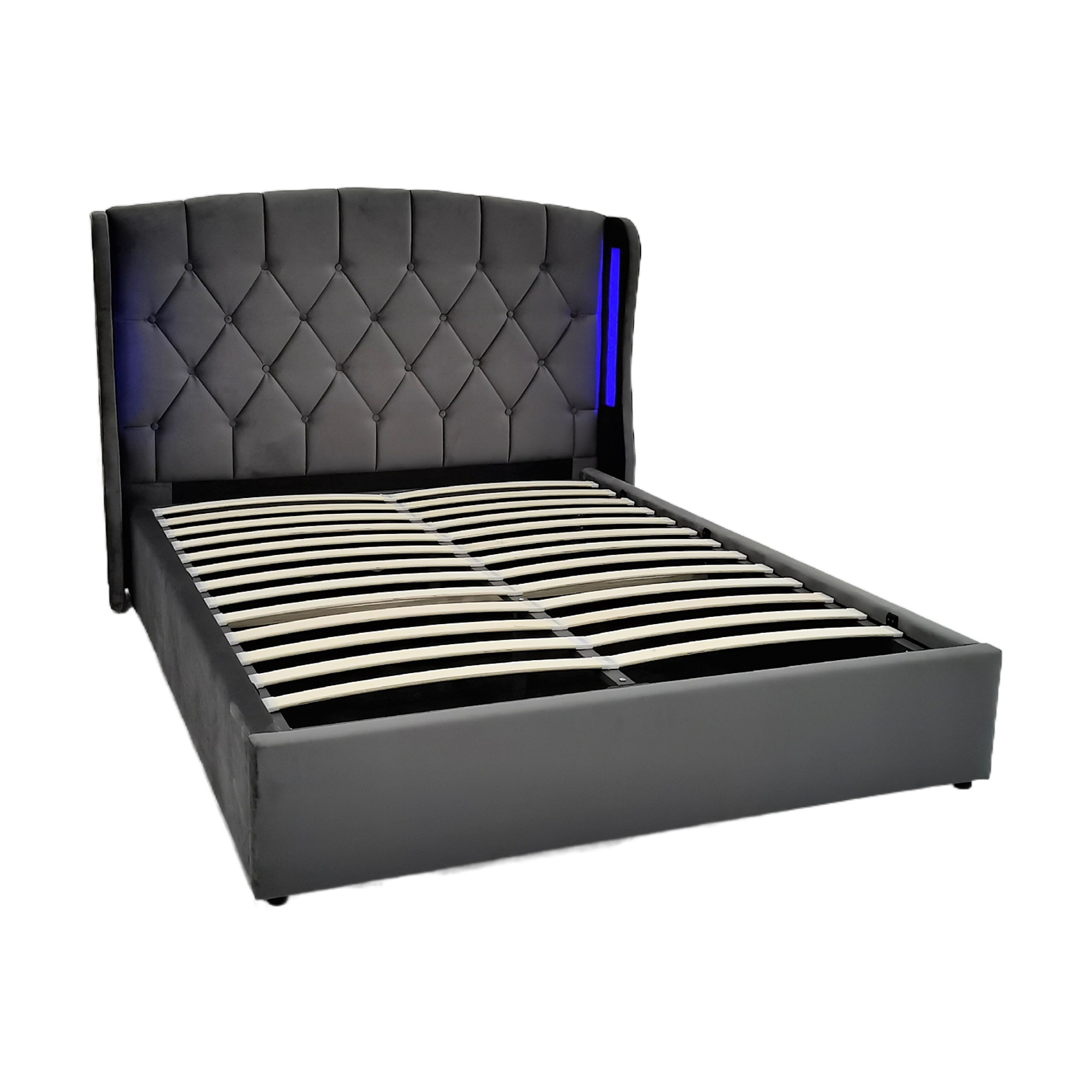 Cheap Modern Style Fabric Upholstered Gas Lift Storage Bed Frame With Headboard LED Light