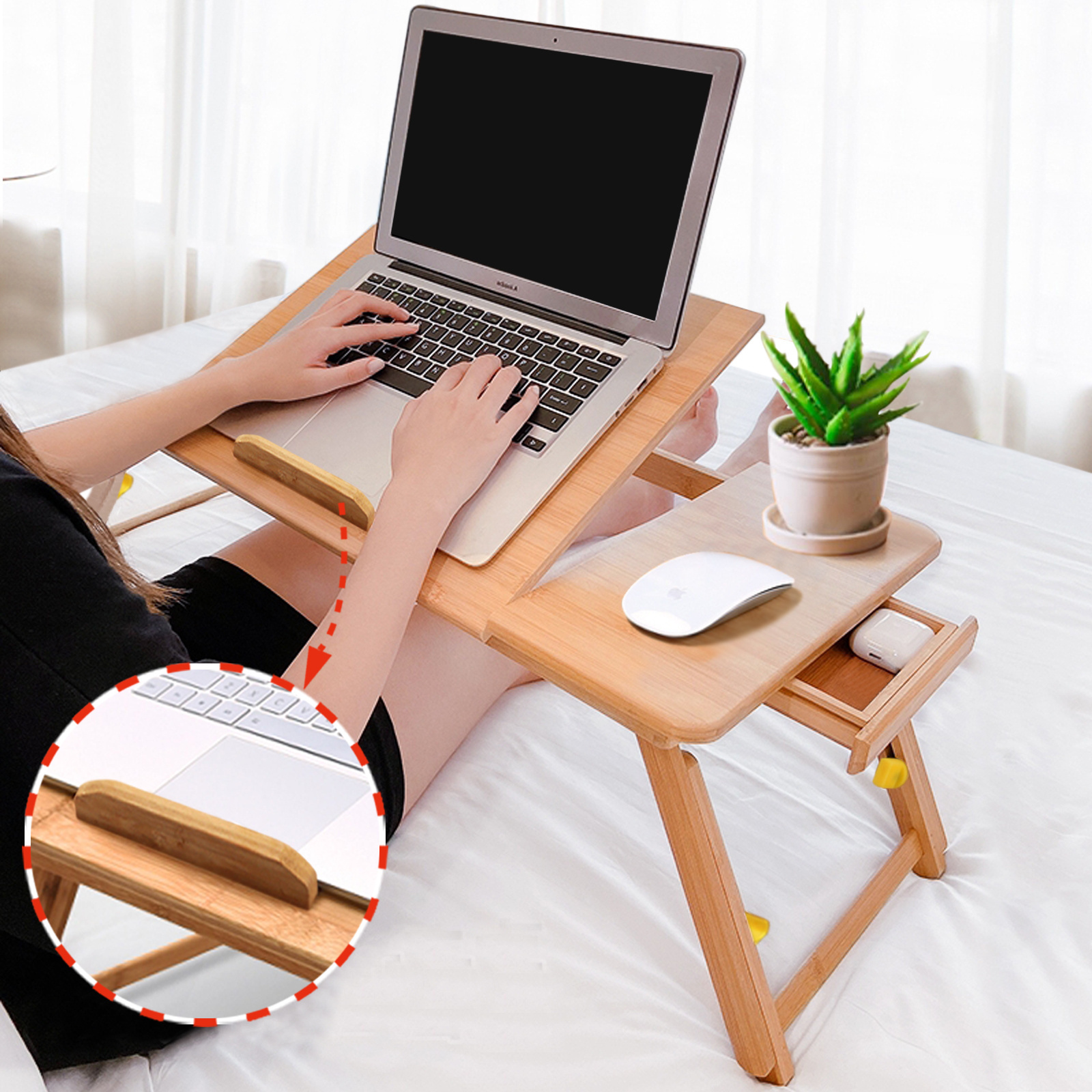 Multifunctional Bamboo Laptop Tray With Height Adjustable Legs Drawer Cup Holder Foldable Portable Desk