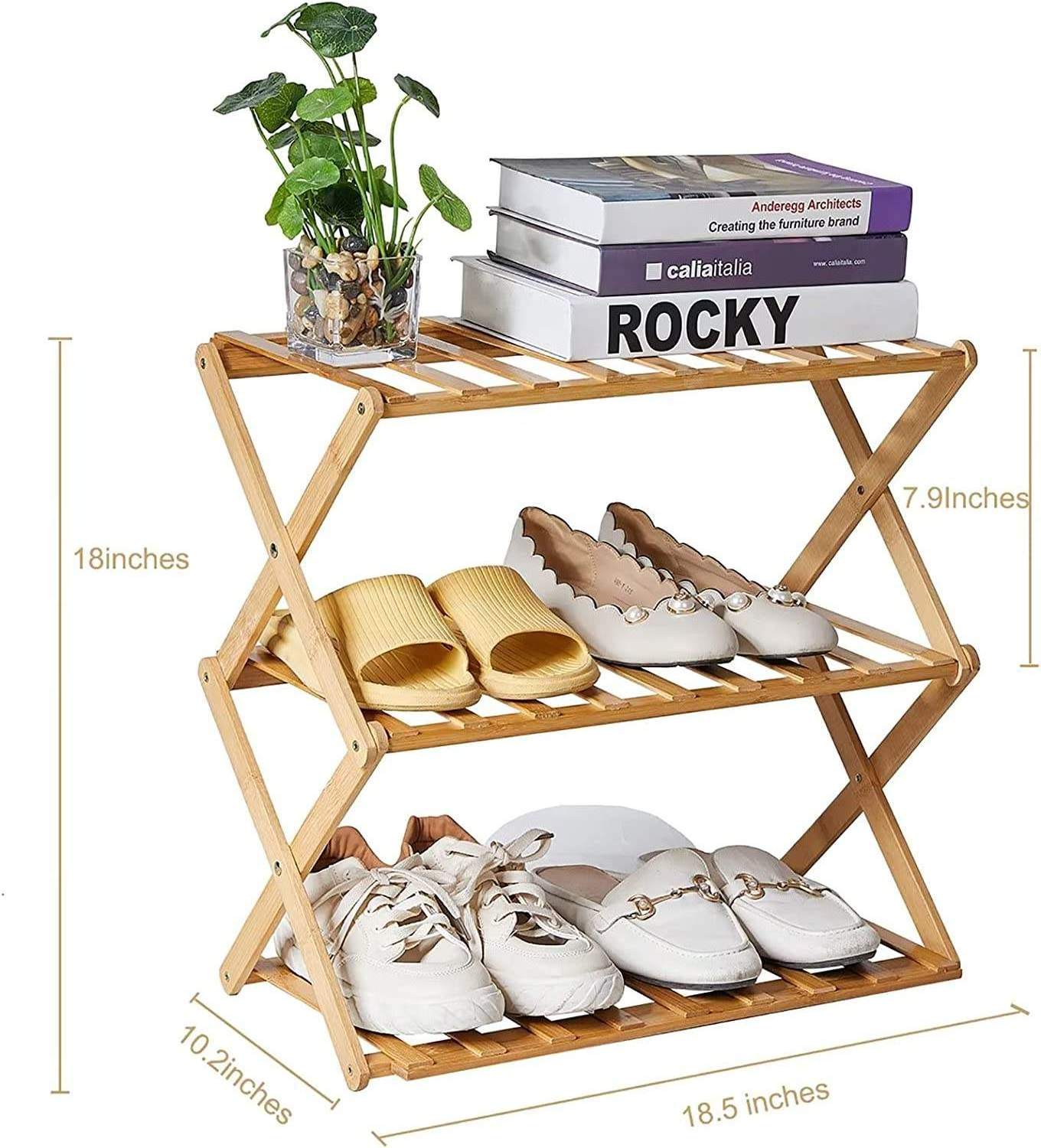 Bamboo Shoes Rack For Living Room Entryway Foldable Collapsible 4 Tiers Wooden Bamboo Shoes Storage Rack