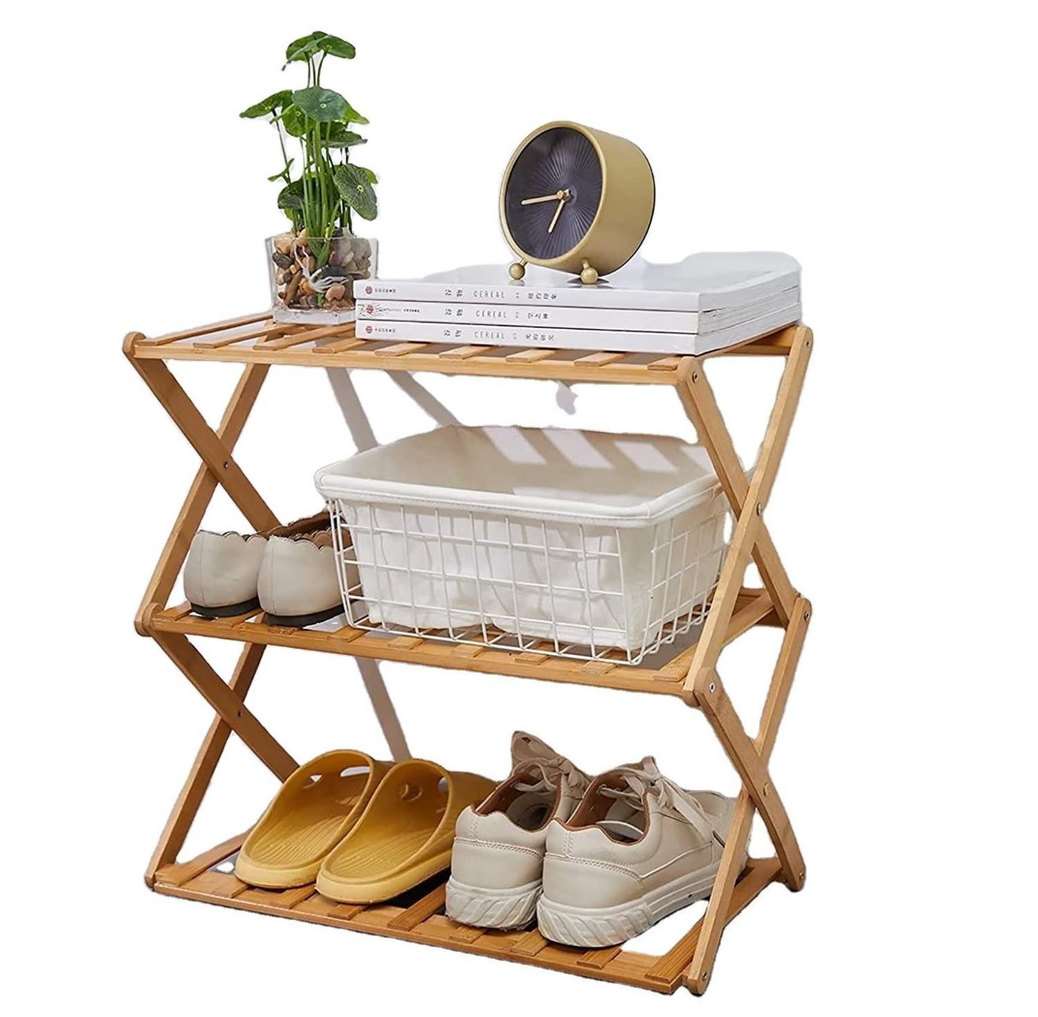 Bamboo Shoes Rack For Living Room Entryway Foldable Collapsible 4 Tiers Wooden Bamboo Shoes Storage Rack