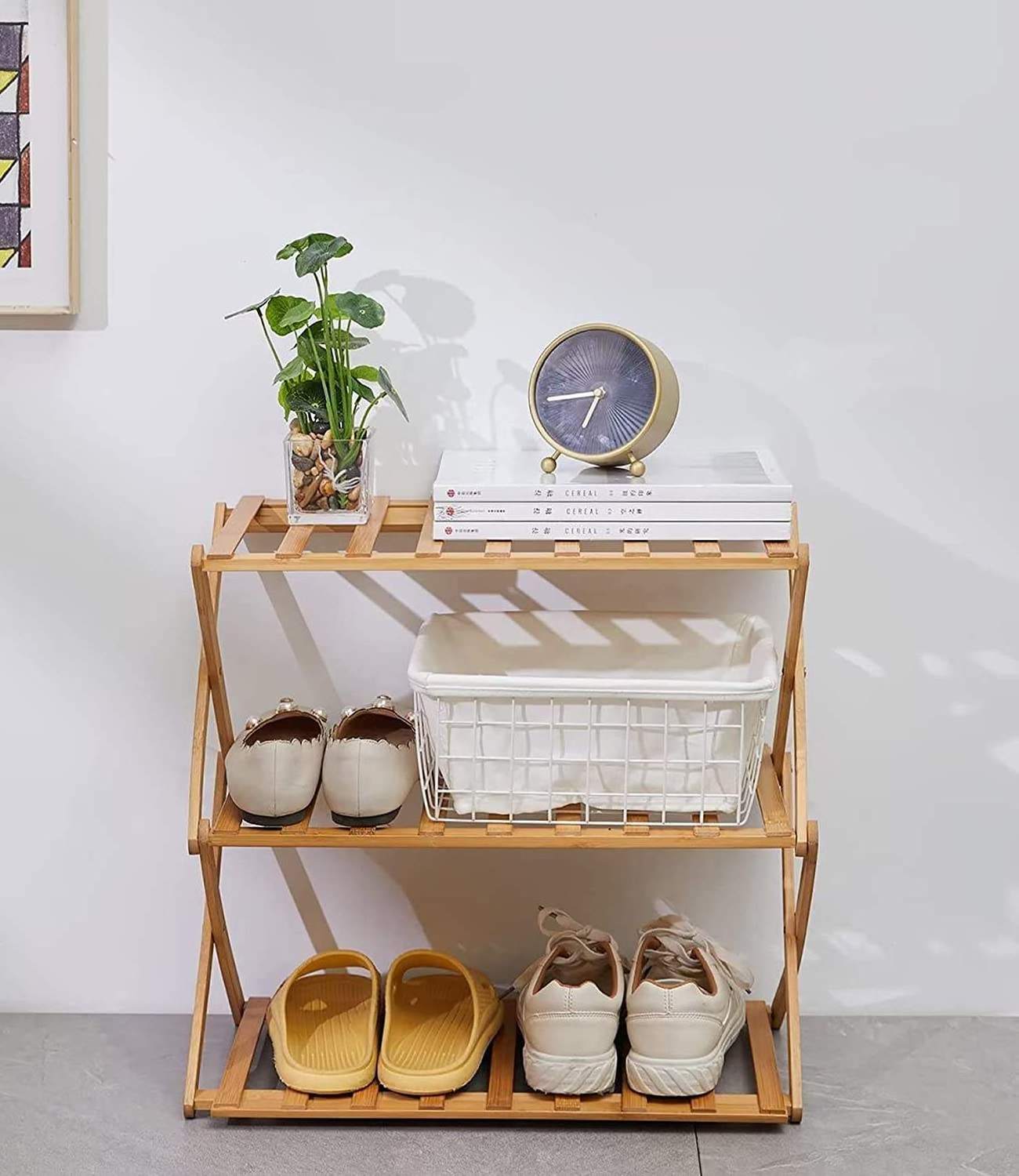 Bamboo Shoes Rack For Living Room Entryway Foldable Collapsible 4 Tiers Wooden Bamboo Shoes Storage Rack