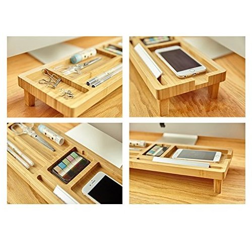 Large Bamboo Desk Organizer Office Supply Book Desktop Small Table Shelf monitor stand