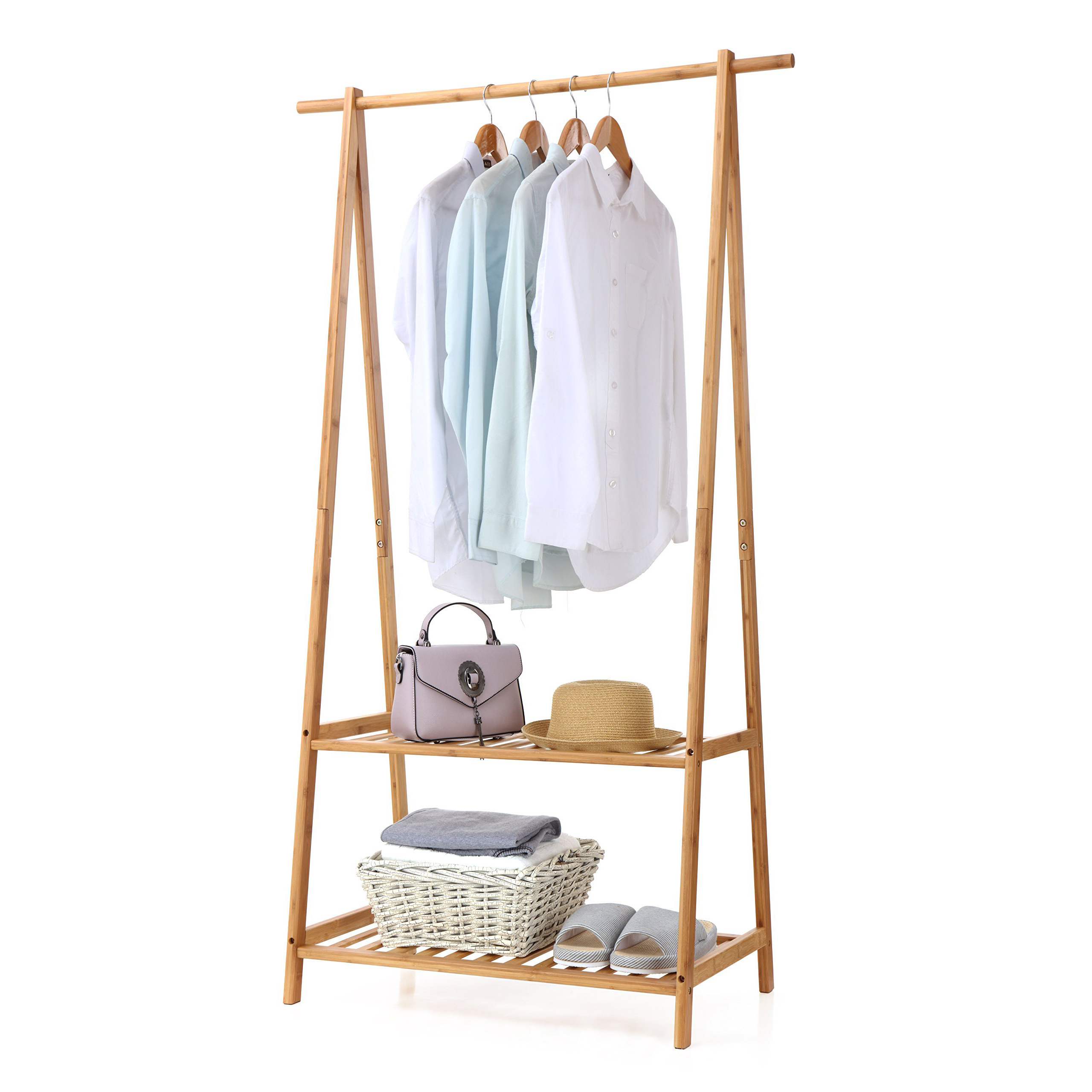 Bamboo Clothes Rack Portable Extra Large Garment Rack 2-Tire Storage Box Shelves For Entryway and Bed Room Patented Design