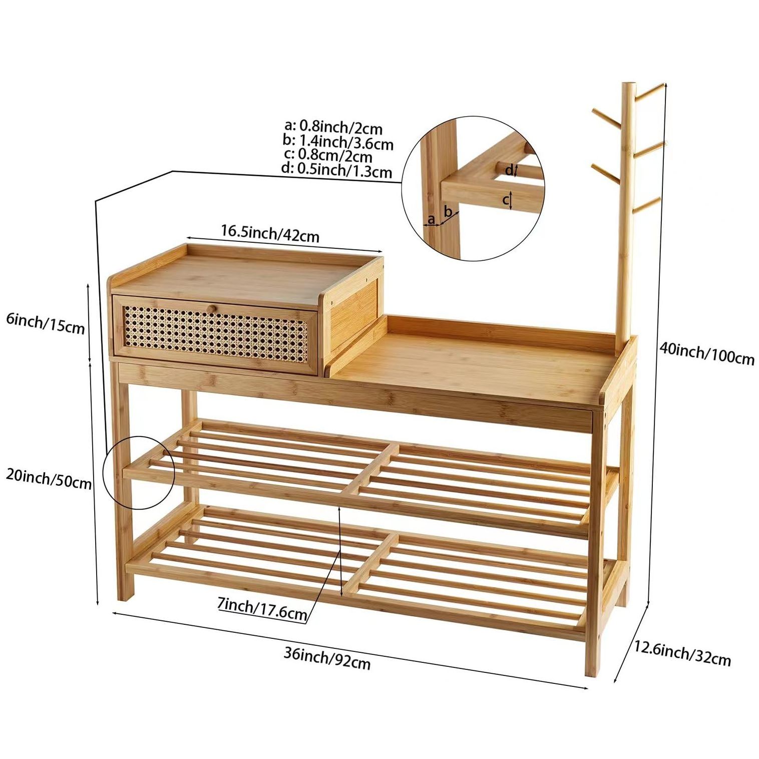 Shoe Rack with Coat Tree and Seat, Bamboo Entryway Bench with Shoe Storage for Hallway, Free Standing Shoe Racks For Bedroom