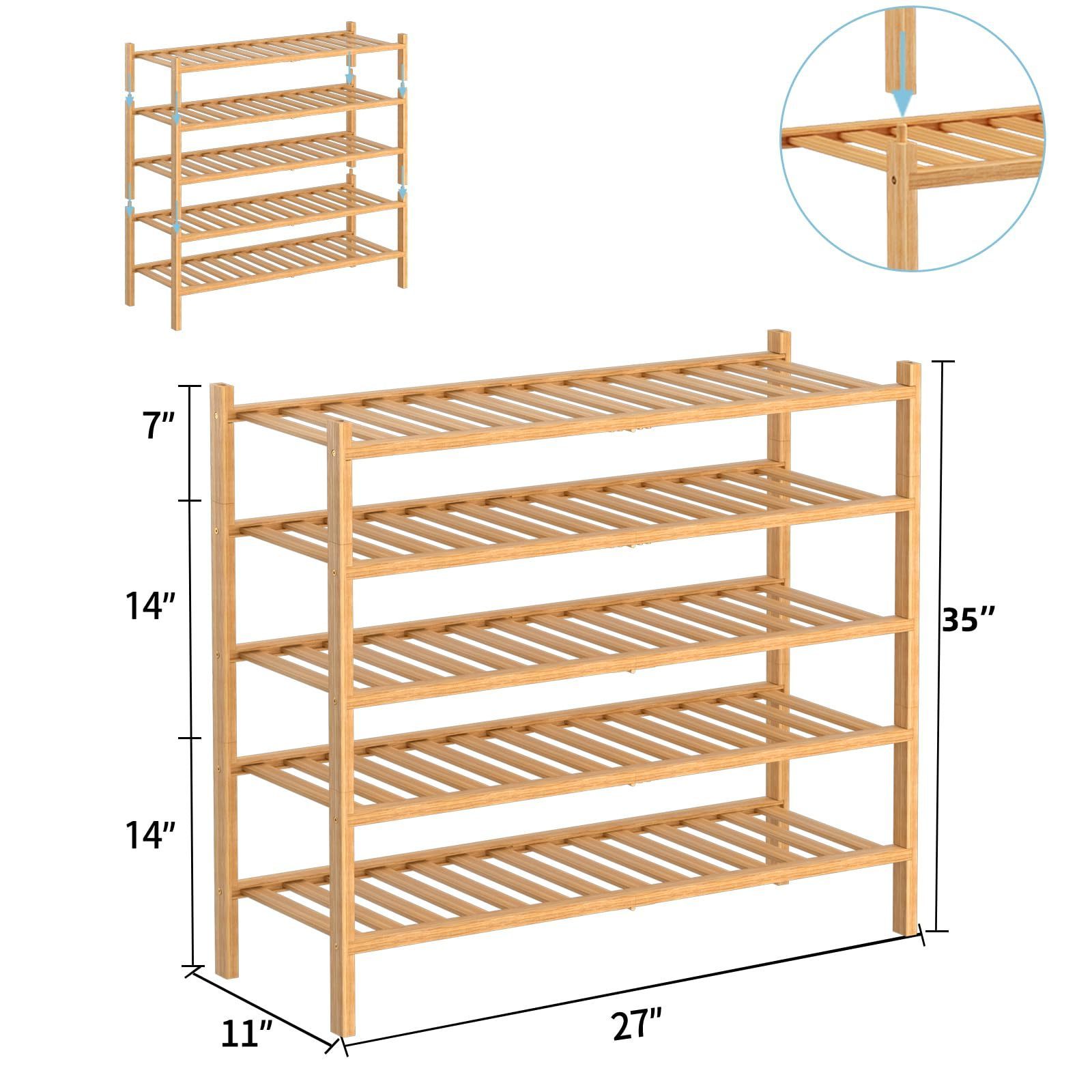 5-Tier Bamboo Shoe Rack - Stackable Storage Shelf with Multi-Function Combinations for Convenient Shoe Organization