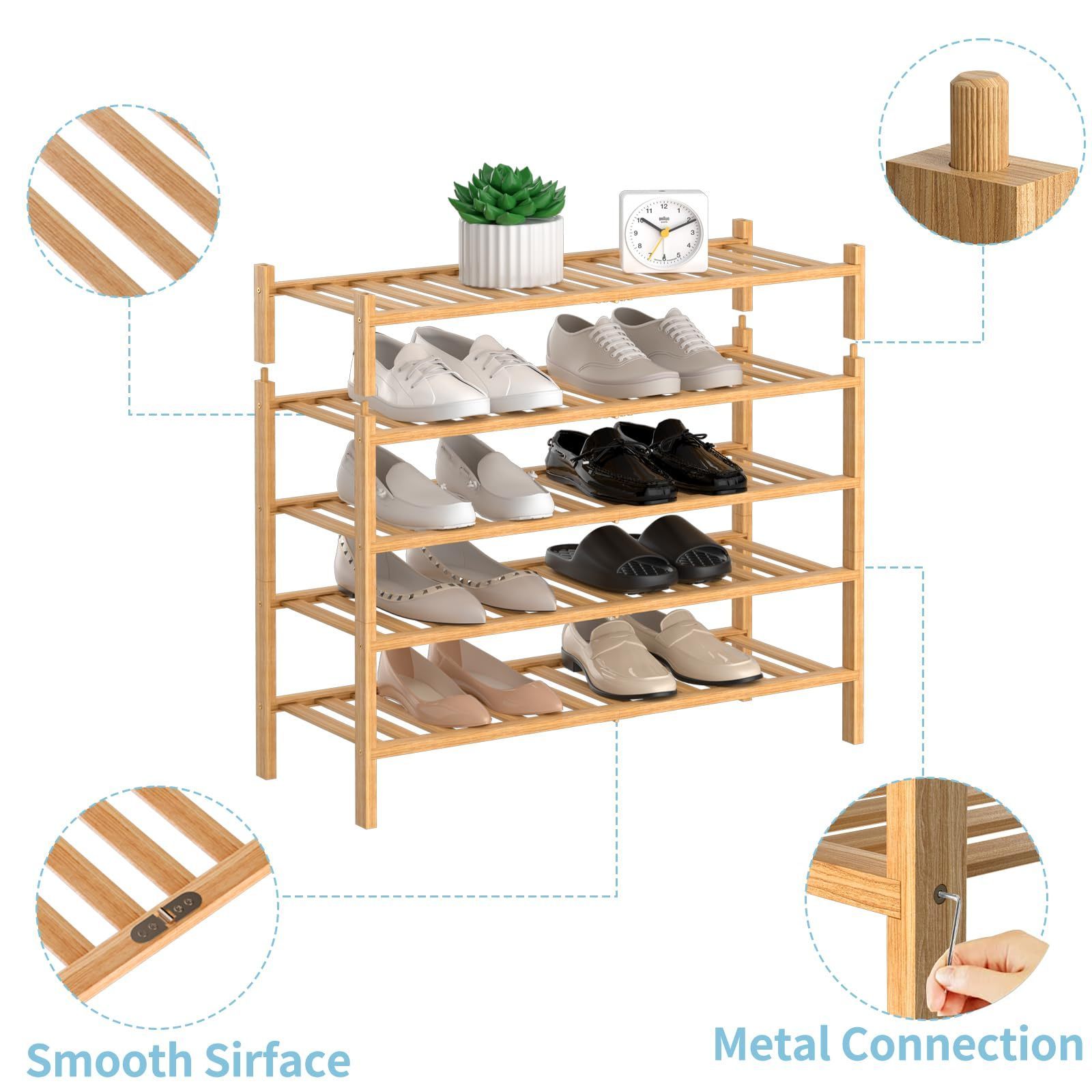 5-Tier Bamboo Shoe Rack - Stackable Storage Shelf with Multi-Function Combinations for Convenient Shoe Organization