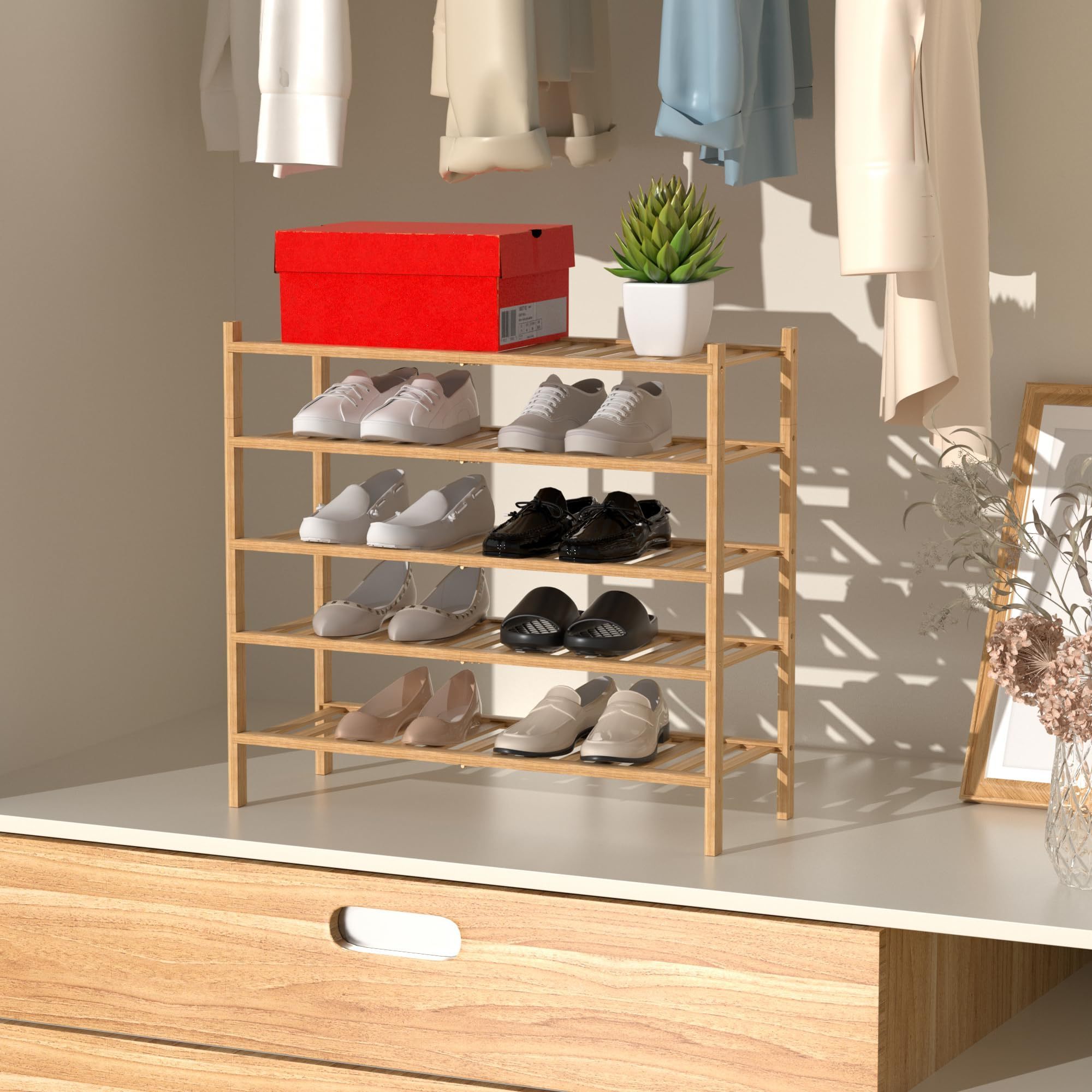 5-Tier Bamboo Shoe Rack - Stackable Storage Shelf with Multi-Function Combinations for Convenient Shoe Organization