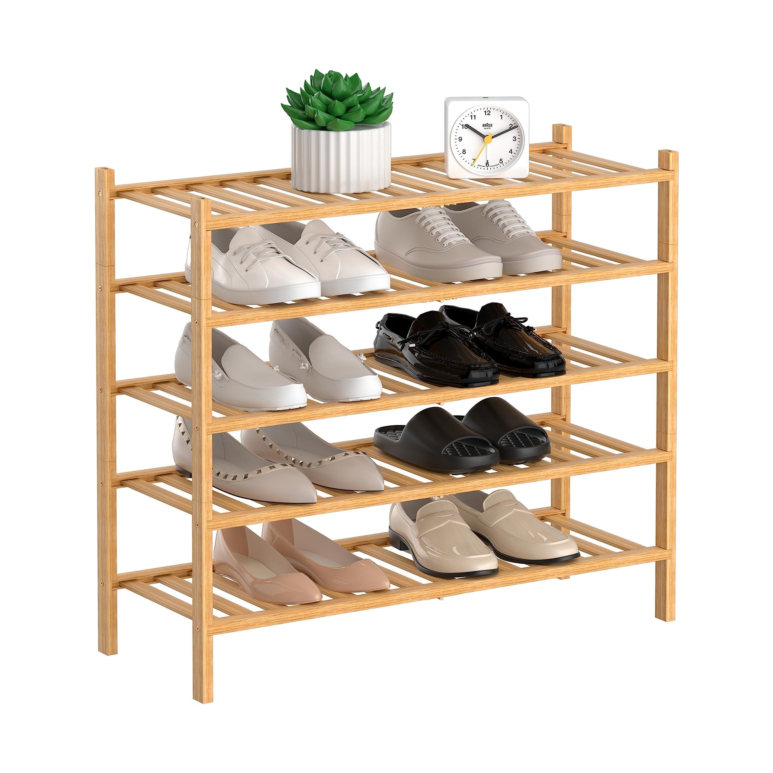 5-Tier Bamboo Shoe Rack - Stackable Storage Shelf with Multi-Function Combinations for Convenient Shoe Organization