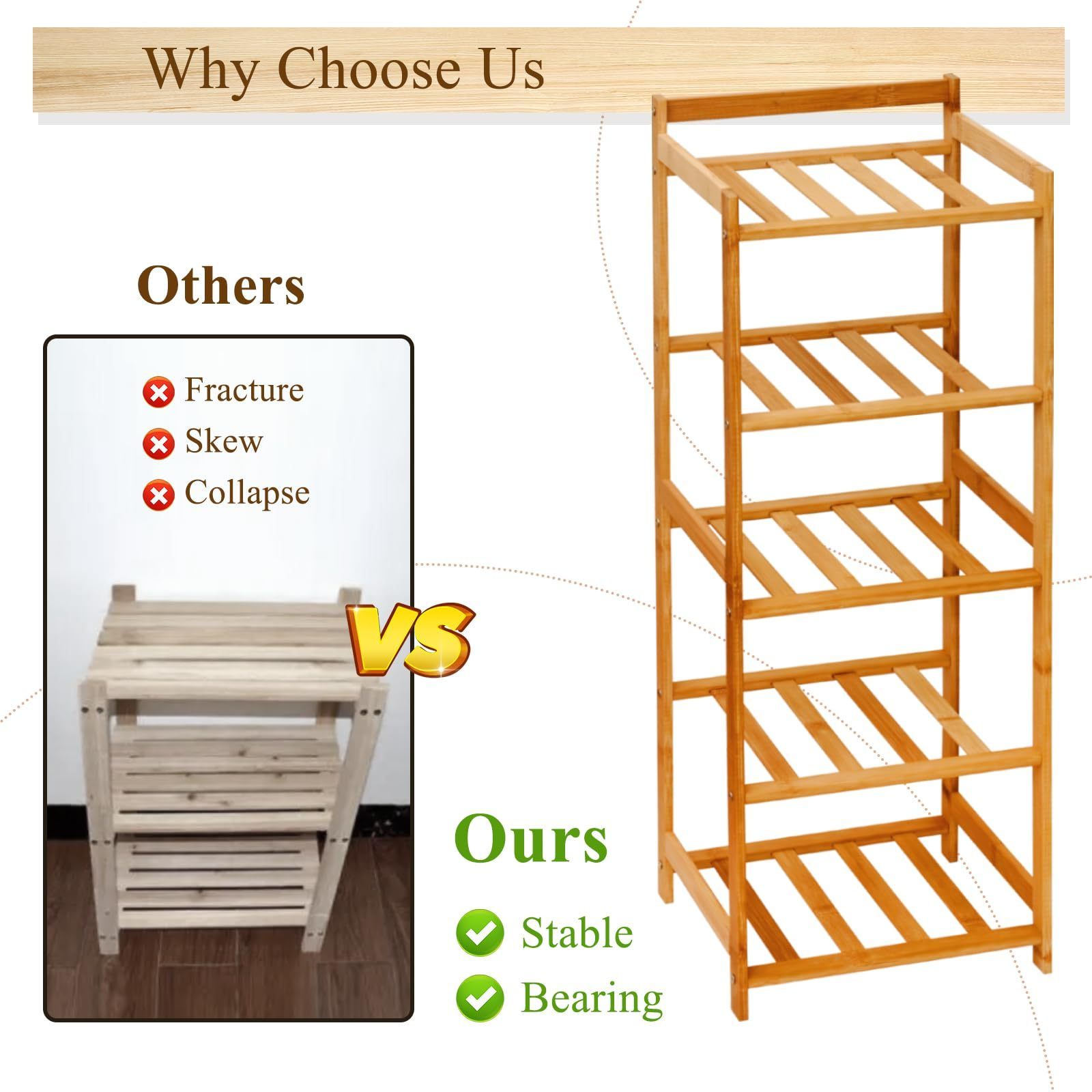 Bamboo Shoe Rack Vertical Narrow,5 Tier Shoe Rack for Entryway  Storage Organizer for Skinny Shoe Rack