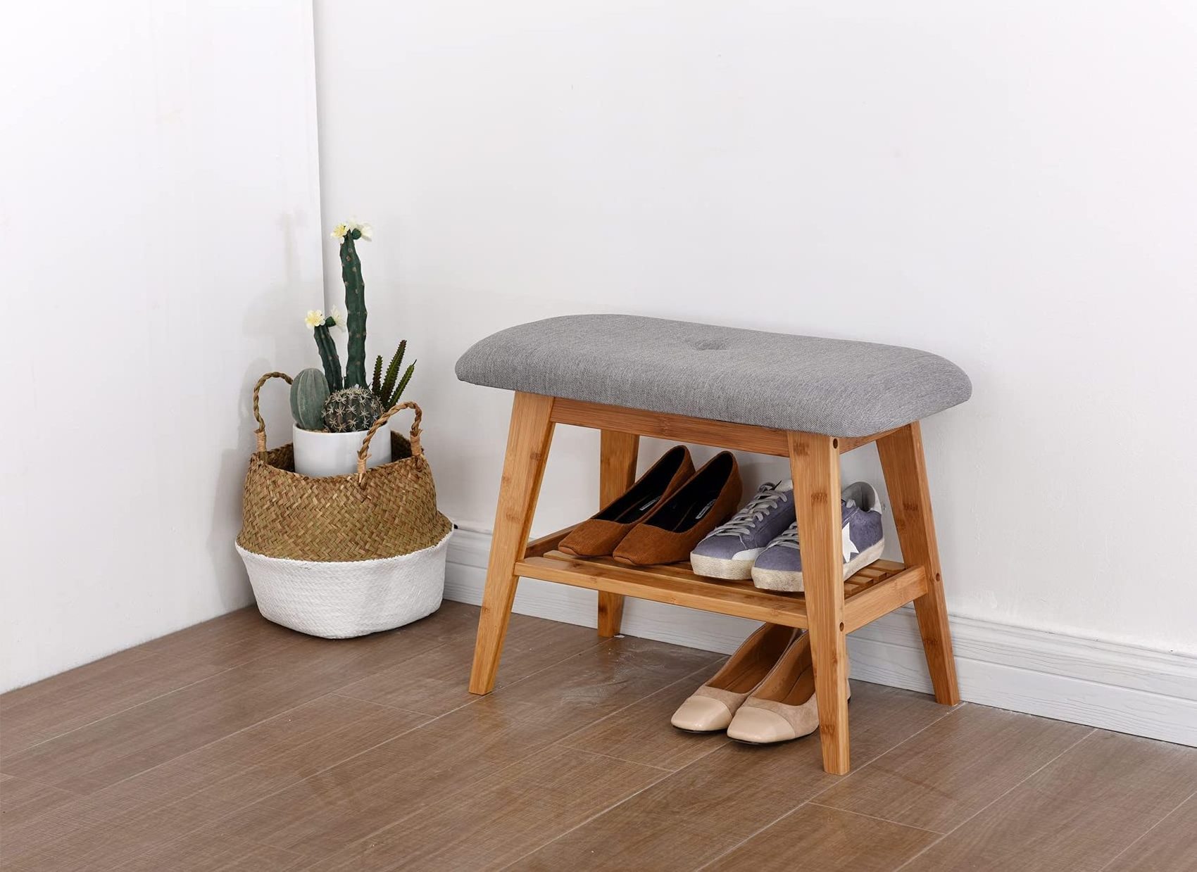 Shoe Rack Bench, Bamboo Entryway Bench, Organizer with 2 Tier Storage, Ideal for Entryway Hallway Living Room