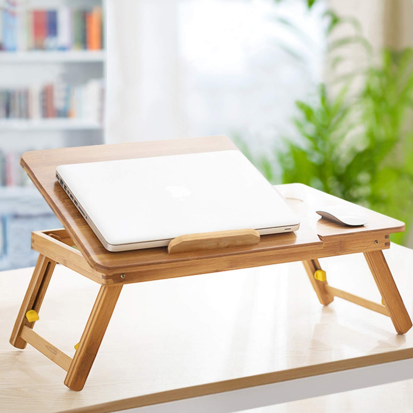 Multifunctional Bamboo Laptop Tray With Height Adjustable Legs Drawer Cup Holder Foldable Portable Desk