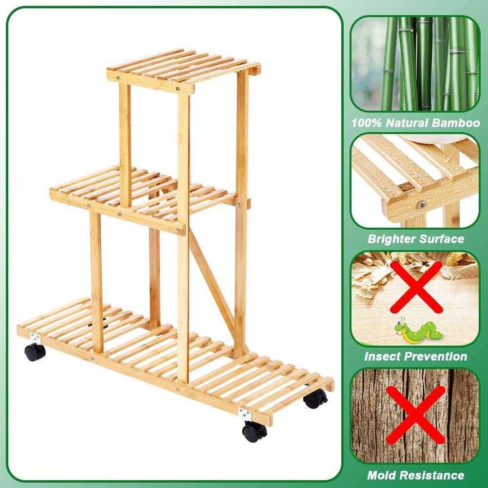 Bamboo Ladder Plant Stand 3 Tier Foldable Hanging Plant Flower Pot Shelves Display Shelf Rack