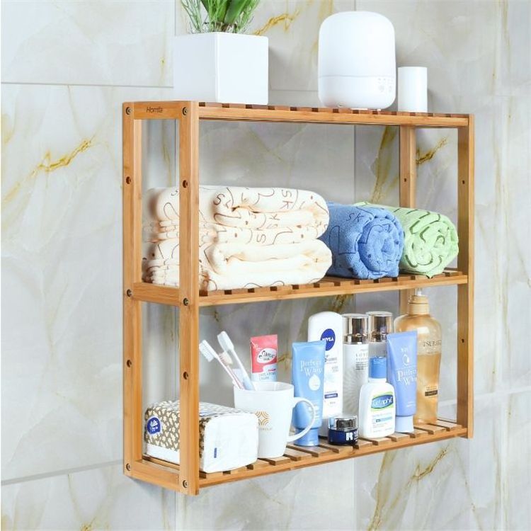 Bamboo Bathroom Shelf Adjustable Layer Rack Wall Mounted Utility Storage Organizer