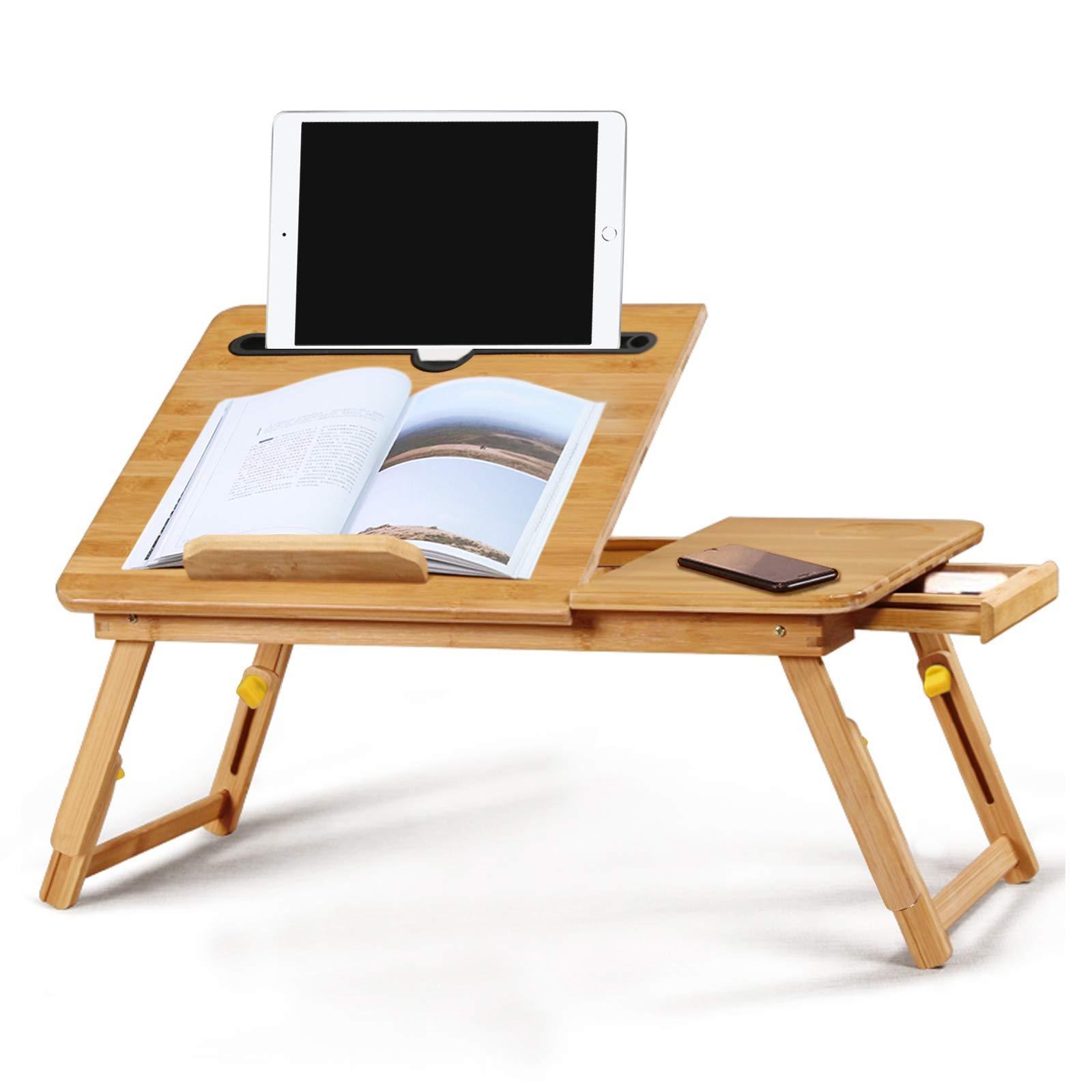 Multifunctional Bamboo Laptop Tray With Height Adjustable Legs Drawer Cup Holder Foldable Portable Desk