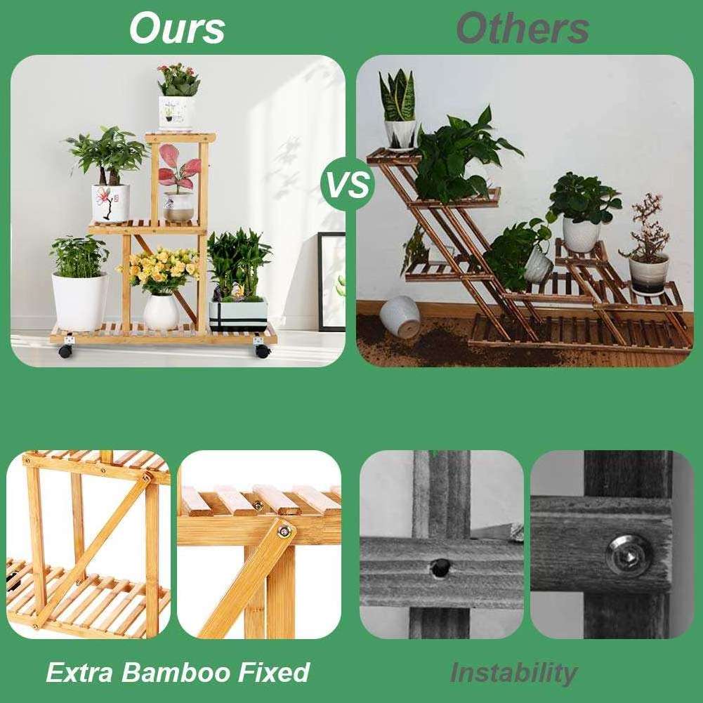 Bamboo Ladder Plant Stand 3 Tier Foldable Hanging Plant Flower Pot Shelves Display Shelf Rack