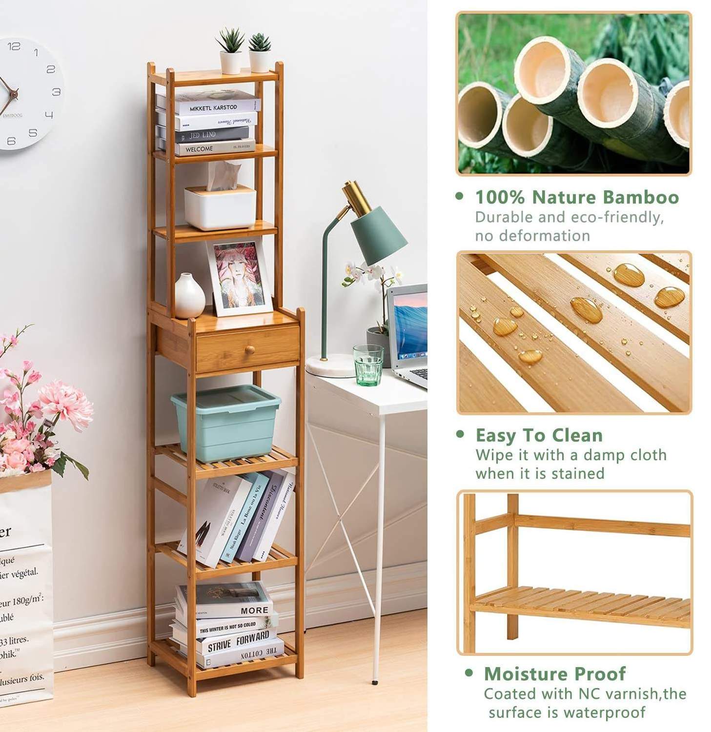 Multifunction Storage Rack Bamboo Bathroom Storage Shelf 7-Tier Corner Rack Detachable Narrow Shelf