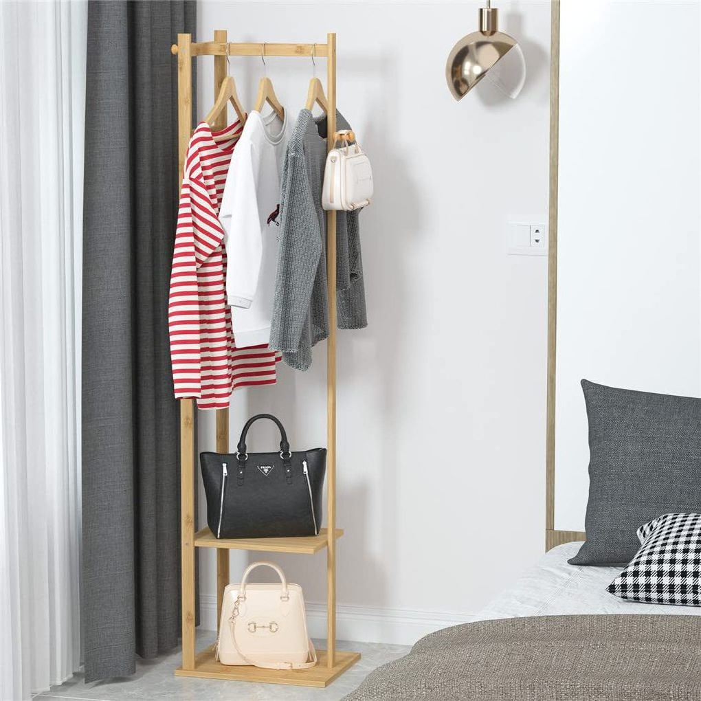 Corner Coat Rack Bamboo Coat Rack with Shelves, with 2 Shelves 3 Hanger Hooks and Pants, Hanger Bamboo Clothing Rack