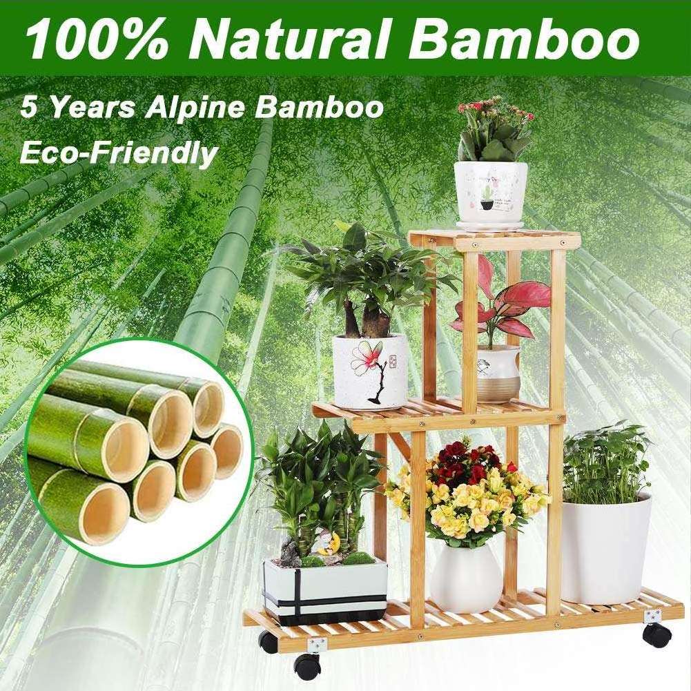 Bamboo Ladder Plant Stand 3 Tier Foldable Hanging Plant Flower Pot Shelves Display Shelf Rack