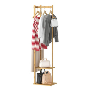 Corner Coat Rack Bamboo Coat Rack with Shelves, with 2 Shelves 3 Hanger Hooks and Pants, Hanger Bamboo Clothing Rack