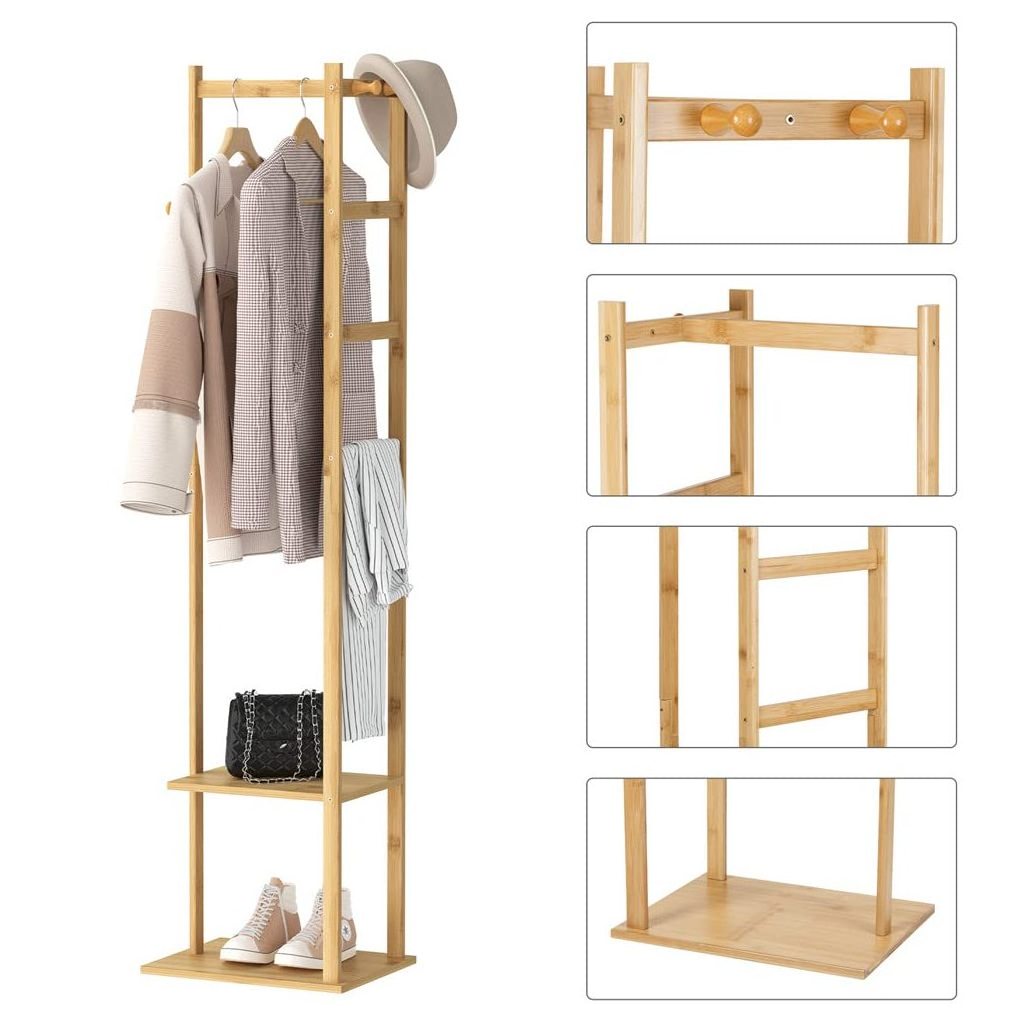 Corner Coat Rack Bamboo Coat Rack with Shelves, with 2 Shelves 3 Hanger Hooks and Pants, Hanger Bamboo Clothing Rack